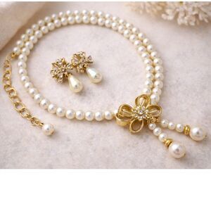 Vintage Avon Faux Pearl Necklace Earring Set Gold Bow Drop Bridal Wedding Guest